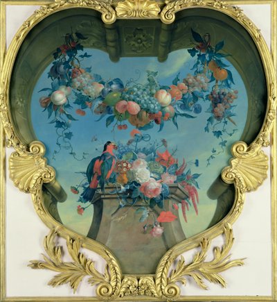 Guirlande van vruchten boven een voetstuk met bloemen en een rood-groene papegaai door Coenraet Roepel