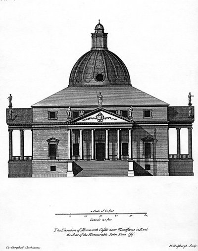 Opstand van Mereworth Castle, gegraveerd door H. Hulsbergh, ca. 1722-24 door Colen Campbell