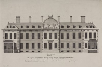 Elevatie van Montague House naar het hof van Great Russell Street, Holborn, c.1725 (gravure) door Colen Campbell