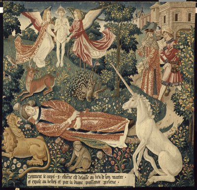 Eenhoorn. Uit: La Tenture de saint Étienne. Scène 8: Het lichaam van de martelaar blootgesteld aan de beesten, ca. 1500. door Colijn de Coter after