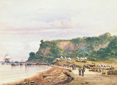 Landing van de Britse en Franse troepen bij Varua aan de Zwarte Zee vanaf H.M.S. Bellerophon, 17 juli 1854 in de Krimoorlog door Colonel Ben Hallewell