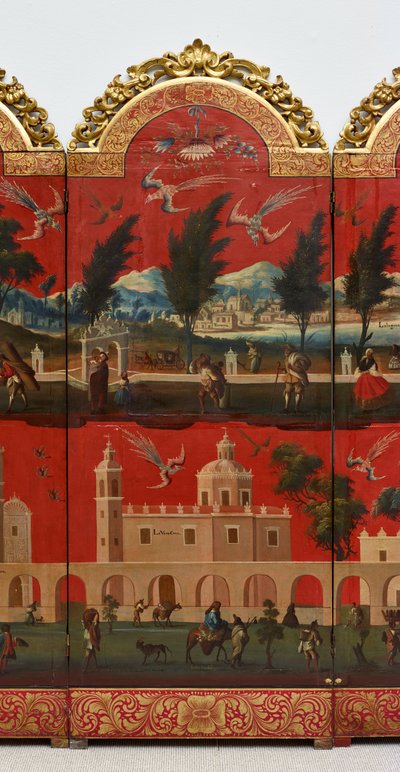 Biombo met uitzichten op Mexico-Stad door Colonial Spanish