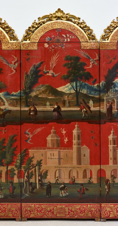 Biombo met uitzichten op Mexico-Stad door Colonial Spanish