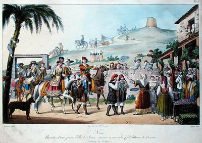 Bruiloftsprocessie in de regio Cagliari, Italië, gegraveerd door Bezard 1825 door Cominotti Cominotti