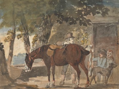 Een paard, hond en figuren buiten een huisje door Conrad Gessner