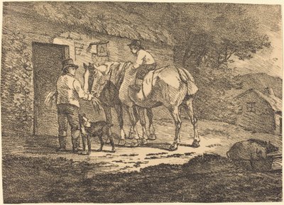 Paarden bij de Deur van een Huisje door Conrad Gessner