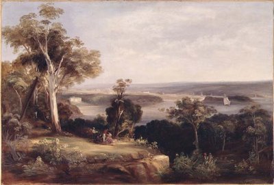Bosrijk landschap met een verre blik op Sydney door Conrad Martens