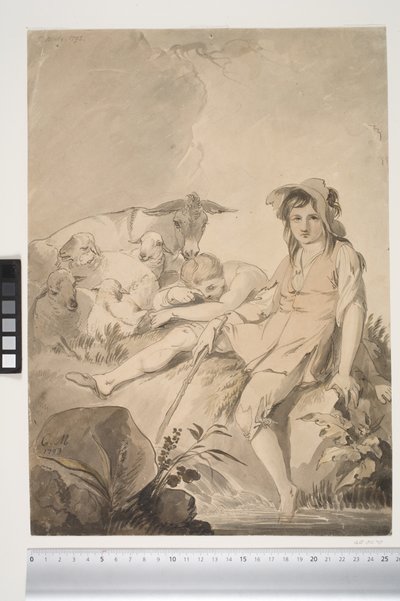 Pastorale scène met twee kinderen en dieren door Conrad Martin Metz