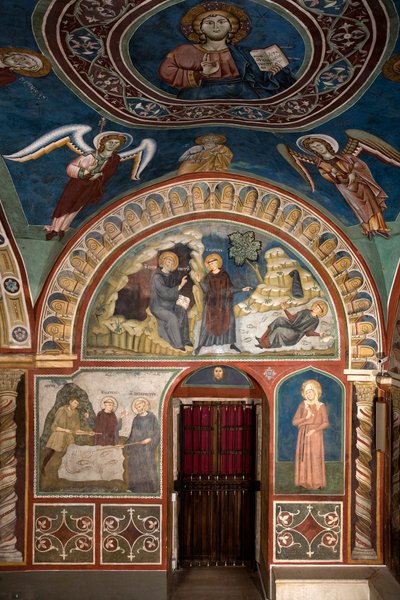 Verschillende episodes uit het leven van Sint-Benedictus: in het midden Het wonder van Sint-Placide Sint-Benedictus van Nursia, dankzij de tussenkomst van Sint-Maur, zijn eerste discipel, redt de jonge Placide die in de stroom van een meer is gevangen. Hie door Consolo