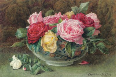 Stilleven met een kom roze, gele en rode rozen, 1883 door Constance Lawson