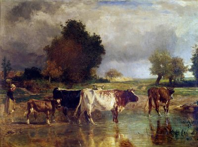 Koe en kalf bij de vijver of de drinkbak door Constant Emile Troyon