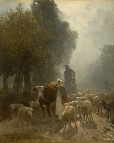 Naar de Markt op een Mistige Ochtend, 1851 door Constant Emile Troyon