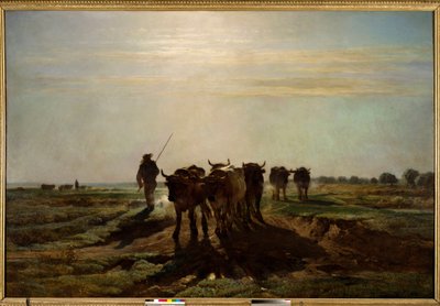 De ossen gaan ploegen, ochtend effect door Constant Emile Troyon