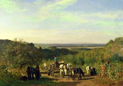 Uitzicht vanaf de heuveltoppen van Suresnes of, De druivenoogst in Suresnes door Constant Emile Troyon