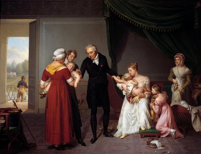 Alibert vaccineert een kind in kasteel Liancourt. Deze afbeelding toont een vaccinatie tegen pokken volgens het principe van Edward Jenner door Constant Joseph Desbordes