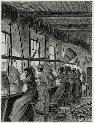 Een vrouwenwerkplaats in de glasfabriek van Val Saint Lambert. Gravure door C.Meunier ter illustratie van het verhaal 