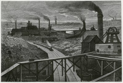 Steenkoolmijnbouw en terrils (aspecten van de contree boraine). Gravure door Constant Meunier, ter illustratie van het verhaal 