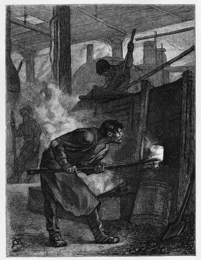 Puddleur bij zijn oven (staalarbeider verantwoordelijk voor het roeren van ijzer om het in ijzer te veranderen door koolstof te verbranden), in een fabriek in Jumet (of Djumet, in de stad Charleroi). Gravure door Constant Meunier, ter illustratie van het v door Constantin Emile Meunier