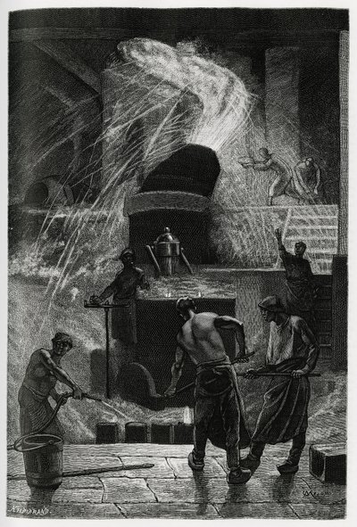Het gieten van staal bij de Cockerill-vestigingen in Seraing. Gravure door C.Meunier ter illustratie van het verhaal 