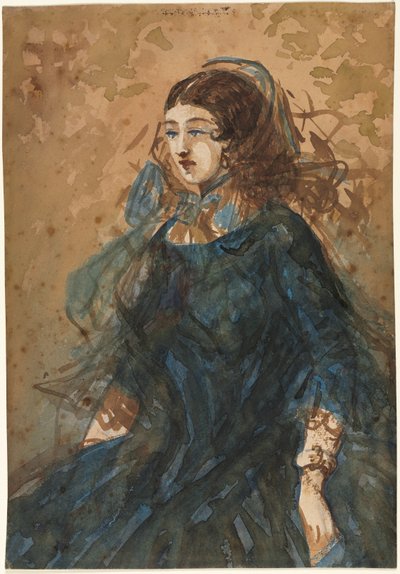 Vrouw in een blauwe jurk recto, oorlogskampement scène verso, 1855-1860 door Constantin Guys