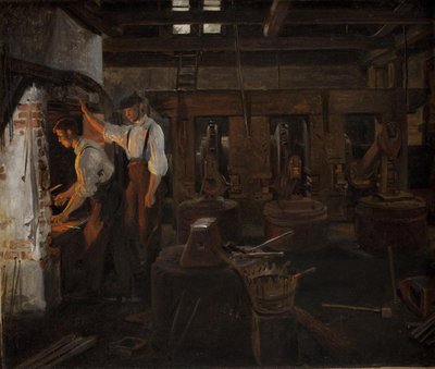 Het interieur van de oude hamermolen bij Hellebæk door Constantin Hansen