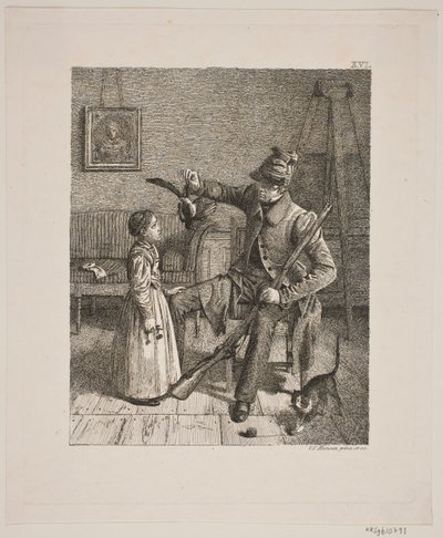 Een jager die een klein meisje zijn buit laat zien door Constantin Hansen