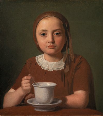 Klein meisje, Elise Købke, met een kopje voor haar, 1850 door Constantin Hansen