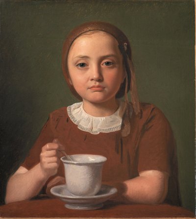 Portret van een klein meisje, Elise Købke, met een kopje voor haar door Constantin Hansen