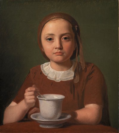 Portret van een klein meisje, Elise Købke, met een kopje voor haar, 1850 door Constantin Hansen