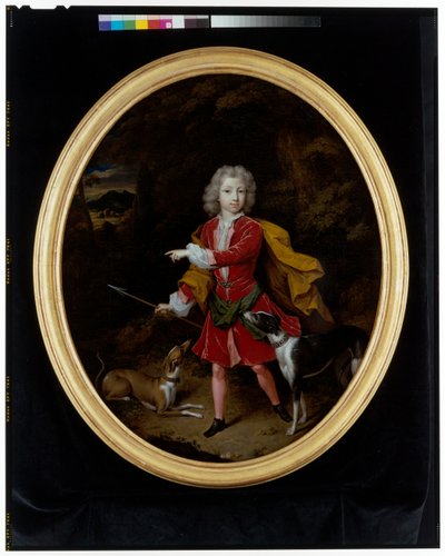 Een portret van een jonge man met een paar jachthonden in een bosrijk landschap door Constantin Netscher