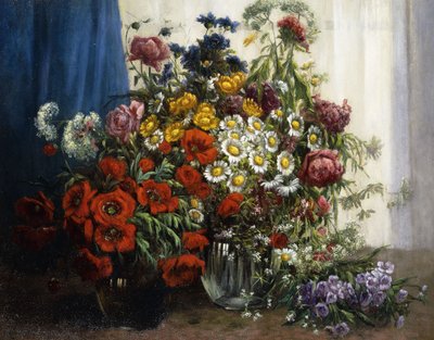 Klaprozen, Chrysanten, Pioenen en andere Wilde Bloemen in Glazen Vazen door Constantin Stoitzner