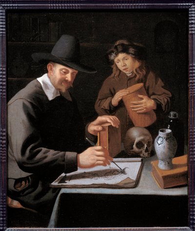 De schilder en zijn leerling. Een leerling observeert zijn meester die in een notitieboekje tekent. Schilderij (Vanitas) door Constantin Verhout (of Voorhout) door Constantin Verhout or Voorhout