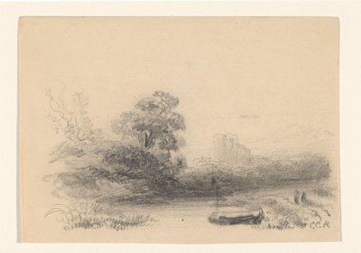 Landschap met water en roeiboot door Constantinus Cornelis Huysmans (signed by artist)