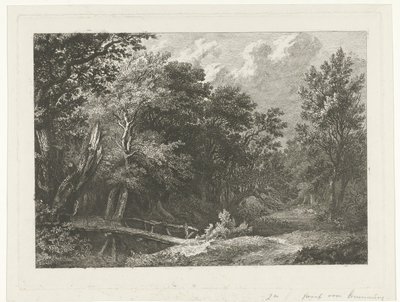 Bosgezicht met houten brug door Constantinus Cornelis Huysmans