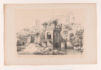 Brug met begroeide toren door Constantinus Cornelis Huysmans