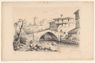 Brug over rivier in bergdorp door Constantinus Cornelis Huysmans