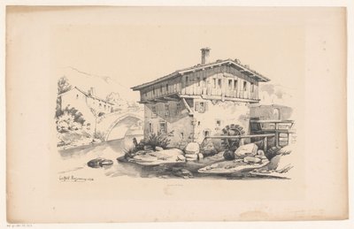 Huis met watermolen in bergdorp (Het Landschap) door Constantinus Cornelis Huysmans