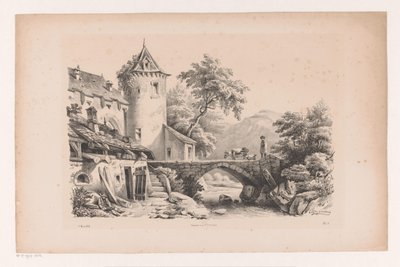 Huizen en brug in berglandschap door Constantinus Cornelis Huysmans