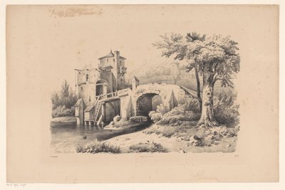 Landschap met brug en vestingtoren door Constantinus Cornelis Huysmans