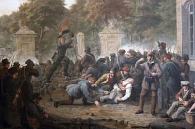 Revolutionaire barricade tegenover het Park van Brussel tijdens de gevechten tussen Belgische rebellen en Nederlandse troepen in 1830 door Constantinus Fidelio Coene