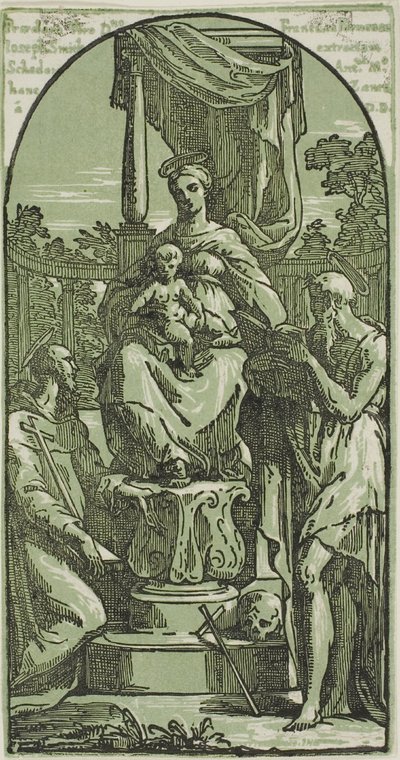 Madonna met kind op de troon, Hiëronymus en Franciscus door Conte Antonio Maria Zanetti the Elder