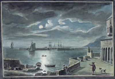 De haven en de Cobb, Lyme Regis, Dorset, bij maanlicht door Copplestone Warre Bamfylde
