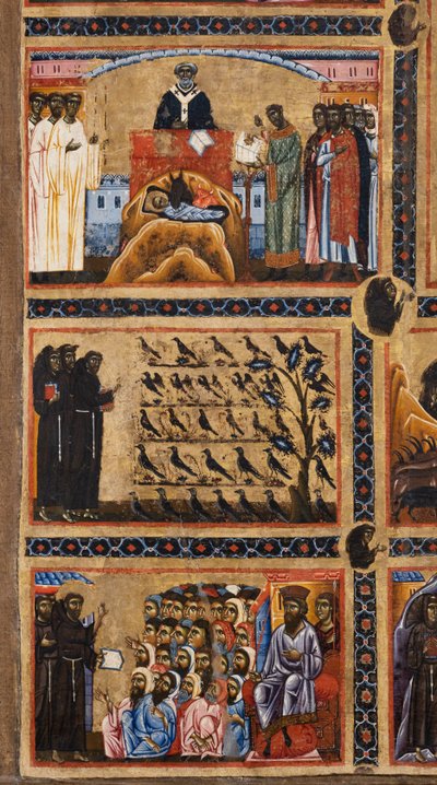 Bardi Sint-Franciscus altaarstuk en twintig verhalen uit zijn leven, details van boven: de creatie van de kerststal in Greccio Sint-Franciscus predikt tot vogels, Sint-Franciscus predikt tot moslims voor de Sultan, 1245-50 door Coppo di Marcovaldo