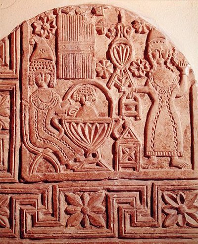 Stèle die het baden van het kindje Jezus toont door Coptic Coptic