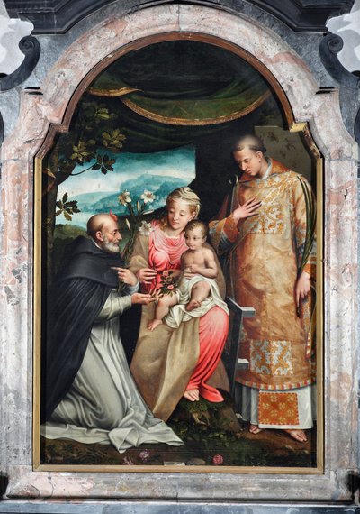Maagd en Kind tussen Sint Vincent Ferrier (1350-1419) en Sint Vincent van Zaragoza (4e eeuw) door Coriolano Malagavazzo