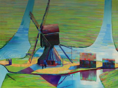 Kleurrijk landschap met windmolens door Corné Akkers