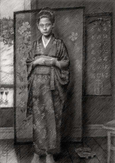 Een bedachtzame jongen in een kimono door Corné Akkers