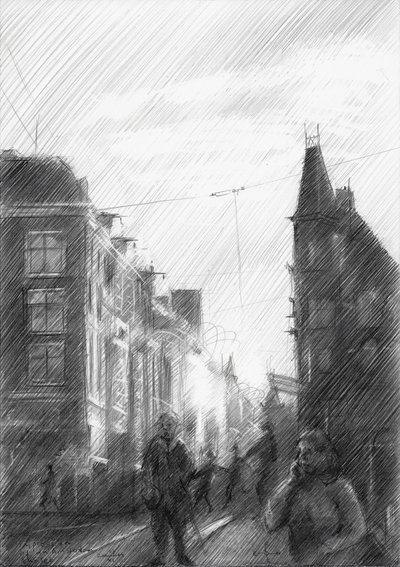 Sketch van een stadsstraat door Corné Akkers