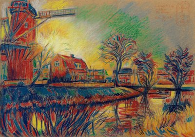 Levendige scène van een molendorp door Corné Akkers