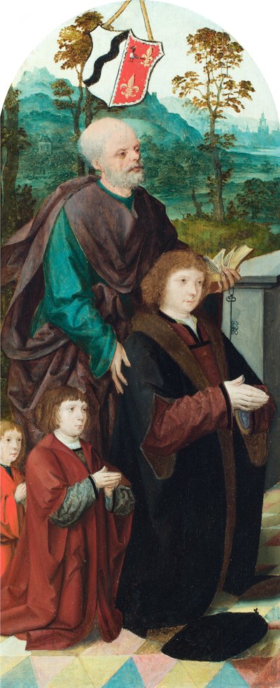 Een schenker en zijn twee zonen geïntroduceerd bij Sint-Pieter door Cornelis (attr. to) Engelbrechtsz
